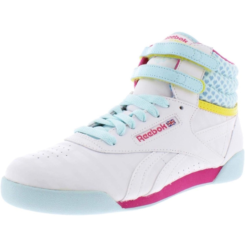 Reebok Kids White High-Top Sneakers with Pink and Light Blue Accents